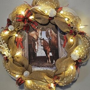 Festive Burlap and Plaid Holiday Horse Wreath